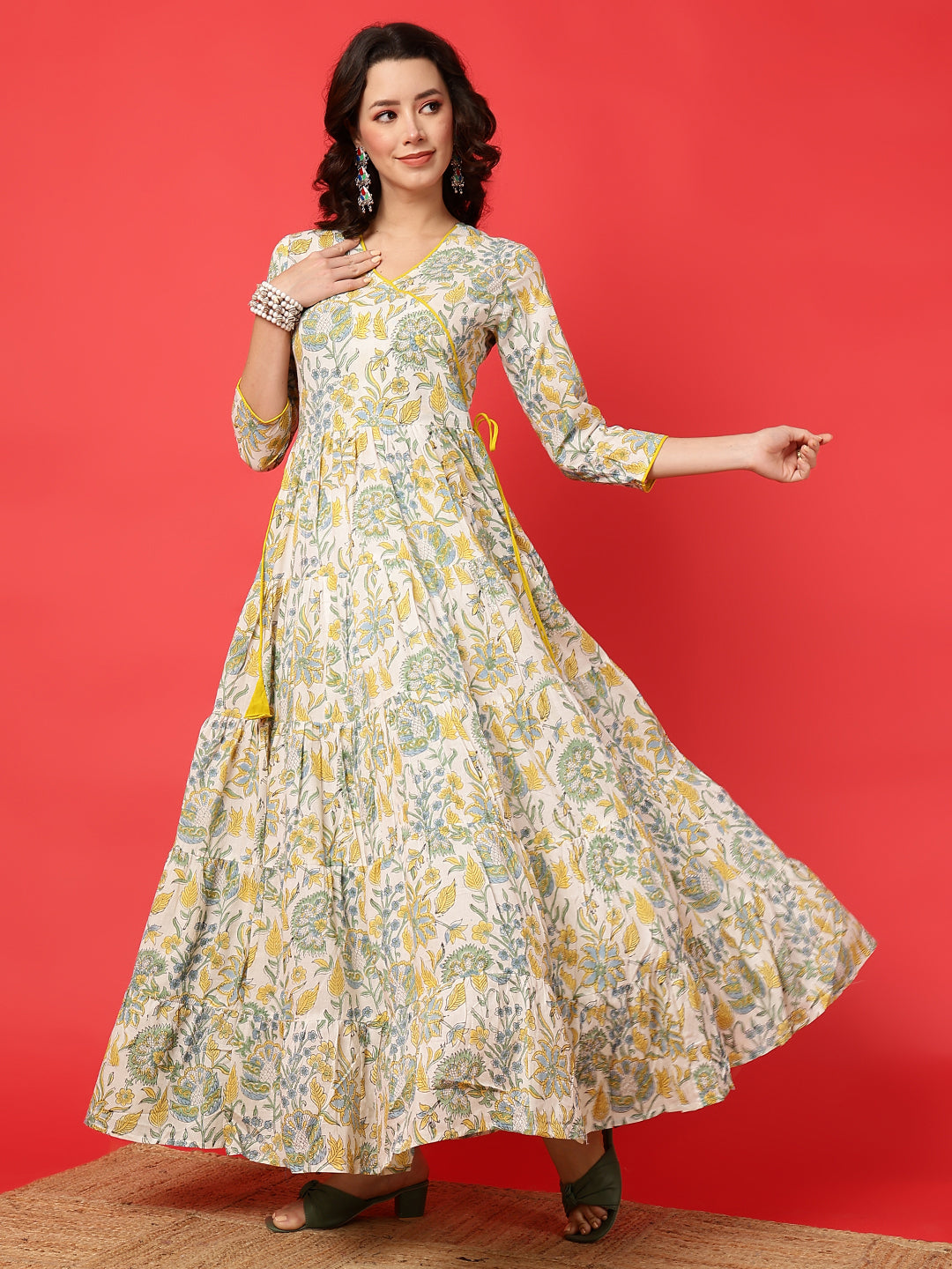 Cotton Printed Ankle Length 3/4 Sleeve V-Neck Angrakha Tiered Kurta