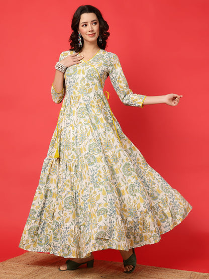 Cotton Printed Ankle Length 3/4 Sleeve V-Neck Angrakha Tiered Kurta