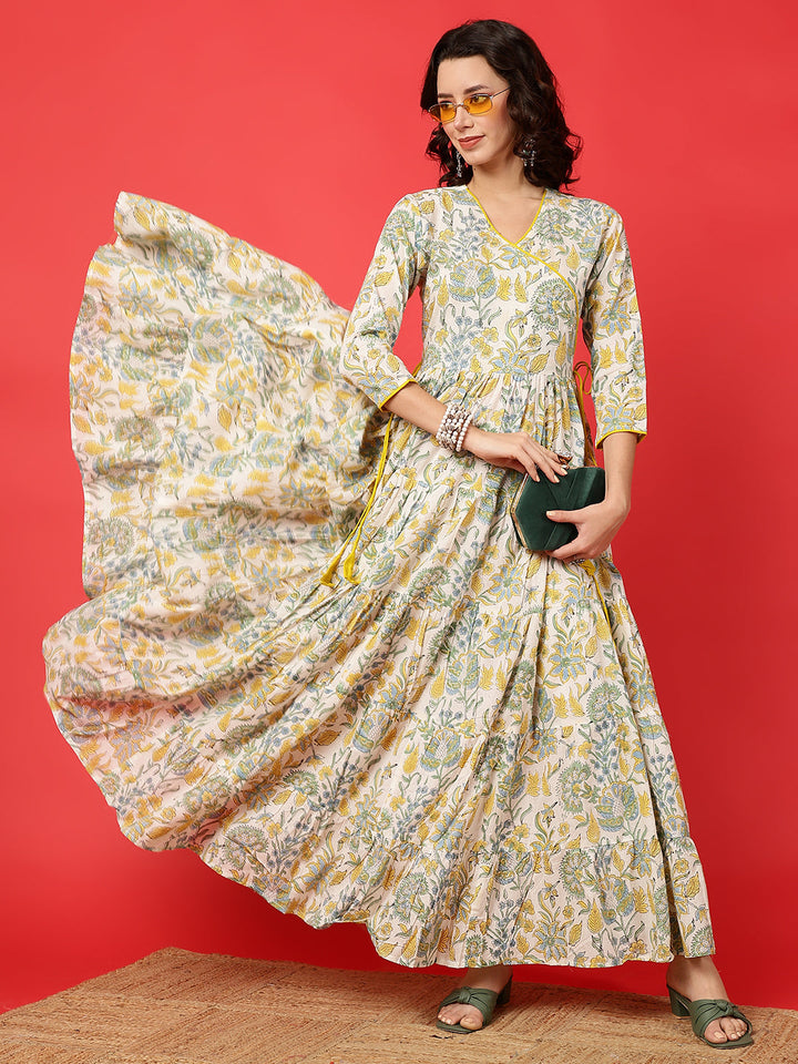 Cotton Printed Ankle Length 3/4 Sleeve V-Neck Angrakha Tiered Kurta
