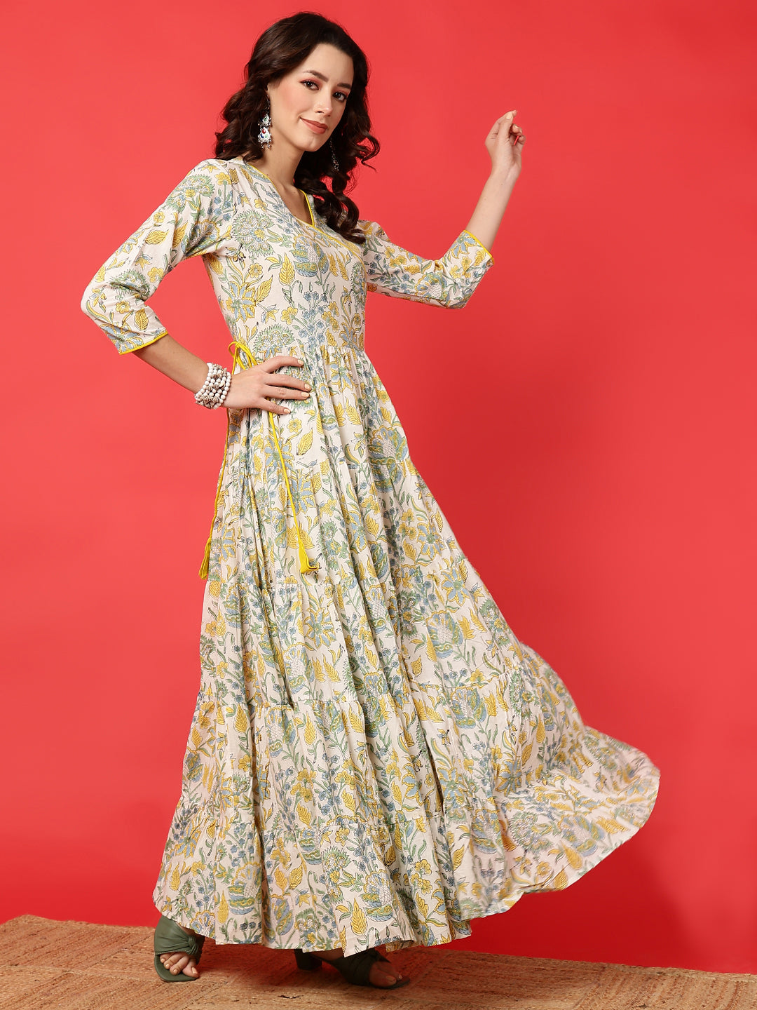 Cotton Printed Ankle Length 3/4 Sleeve V-Neck Angrakha Tiered Kurta