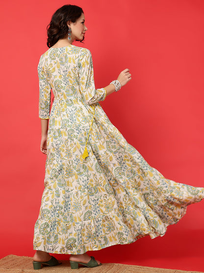 Cotton Printed Ankle Length 3/4 Sleeve V-Neck Angrakha Tiered Kurta