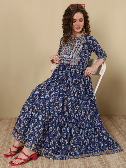 Rayon Embroidered Printed Ankle Length 3/4 Sleeve Round Neck Tiered Kurta