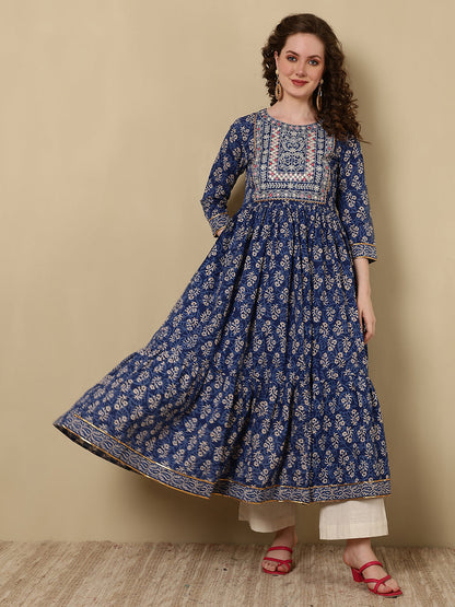Rayon Embroidered Printed Ankle Length 3/4 Sleeve Round Neck Tiered Kurta