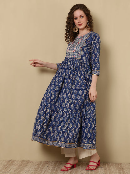 Rayon Embroidered Printed Ankle Length 3/4 Sleeve Round Neck Tiered Kurta