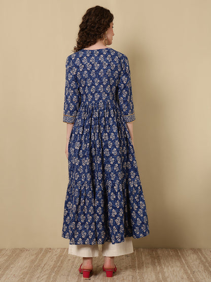 Rayon Embroidered Printed Ankle Length 3/4 Sleeve Round Neck Tiered Kurta