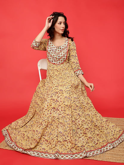 Rayon Printed Ankle Length 3/4 Sleeve Round Neck Tiered Kurta