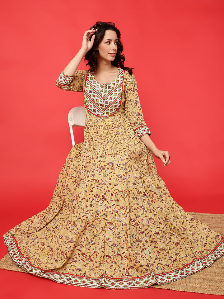 Rayon Printed Ankle Length 3/4 Sleeve Round Neck Tiered Kurta