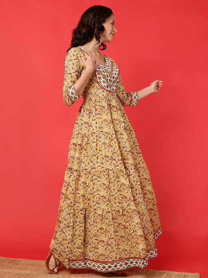 Rayon Printed Ankle Length 3/4 Sleeve Round Neck Tiered Kurta