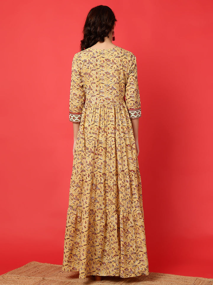 Rayon Printed Ankle Length 3/4 Sleeve Round Neck Tiered Kurta