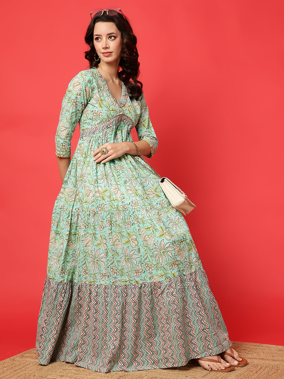 Rayon Printed Ankle Length 3/4 Sleeve V-Neck Alia Cut Tiered Kurta