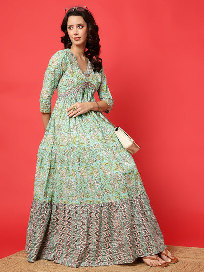 Rayon Printed Ankle Length 3/4 Sleeve V-Neck Alia Cut Tiered Kurta