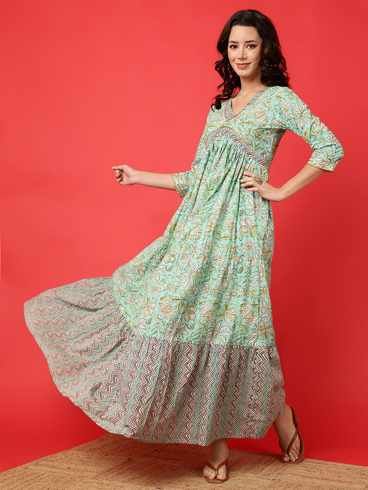 Rayon Printed Ankle Length 3/4 Sleeve V-Neck Alia Cut Tiered Kurta