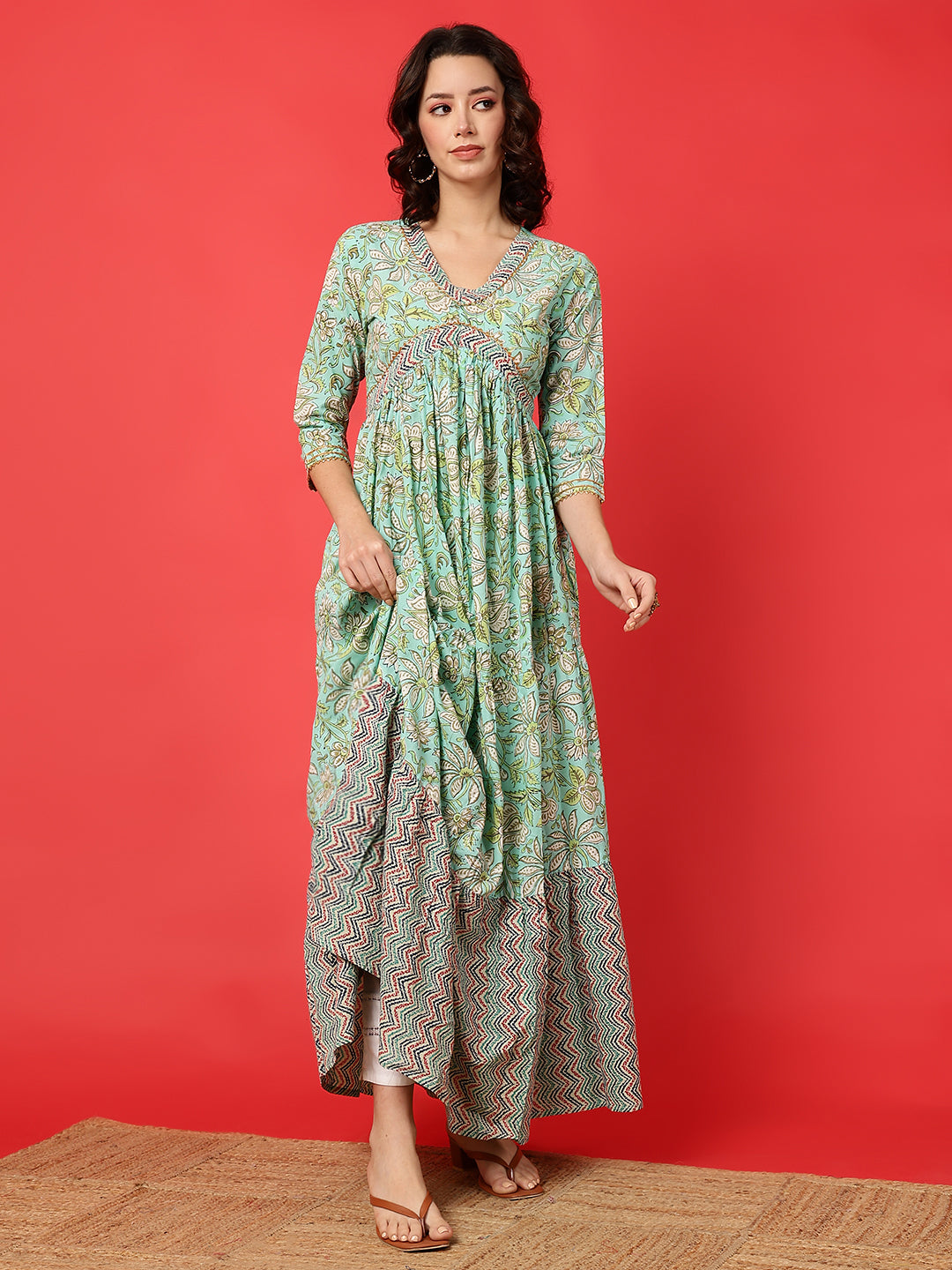 Rayon Printed Ankle Length 3/4 Sleeve V-Neck Alia Cut Tiered Kurta
