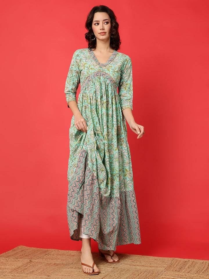 Rayon Printed Ankle Length 3/4 Sleeve V-Neck Alia Cut Tiered Kurta