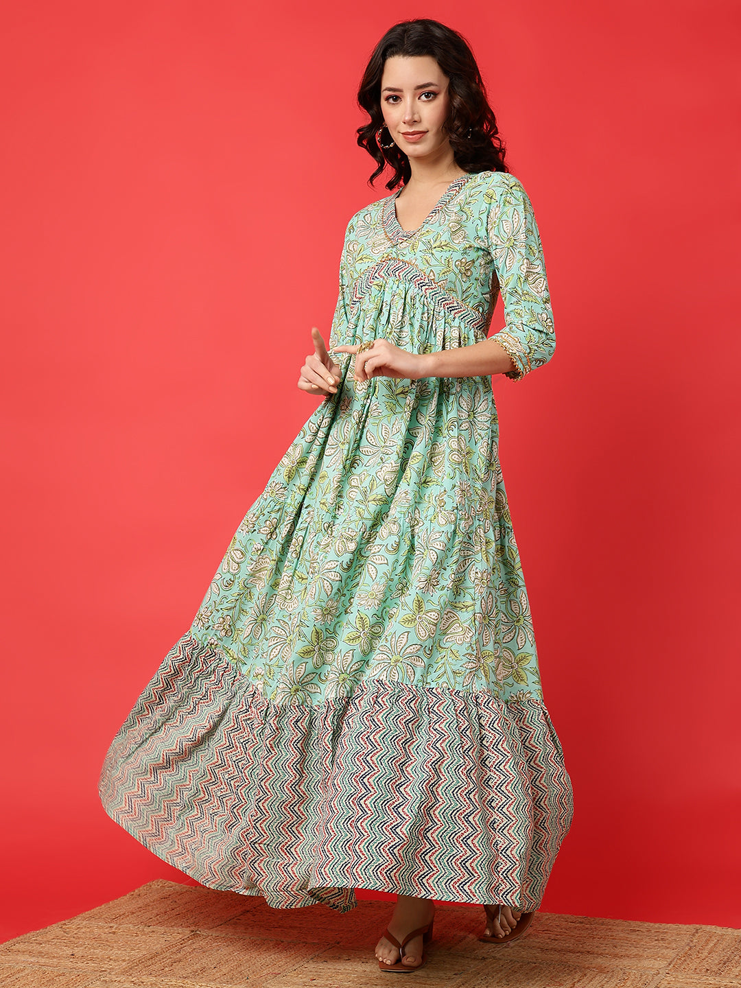 Rayon Printed Ankle Length 3/4 Sleeve V-Neck Alia Cut Tiered Kurta