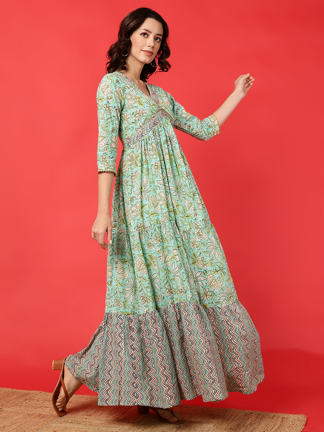 Rayon Printed Ankle Length 3/4 Sleeve V-Neck Alia Cut Tiered Kurta