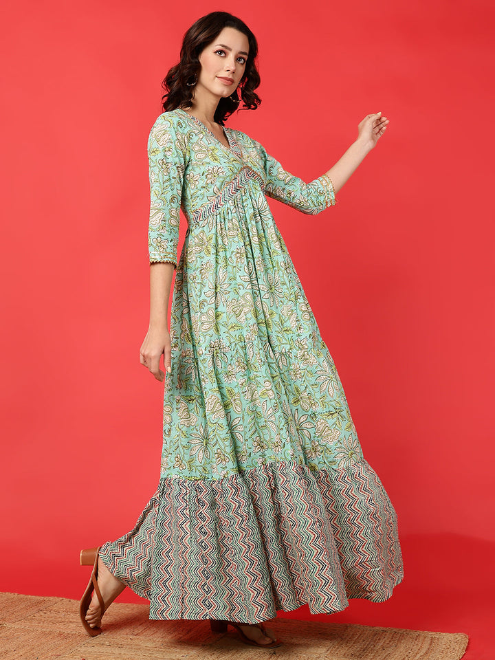 Rayon Printed Ankle Length 3/4 Sleeve V-Neck Alia Cut Tiered Kurta