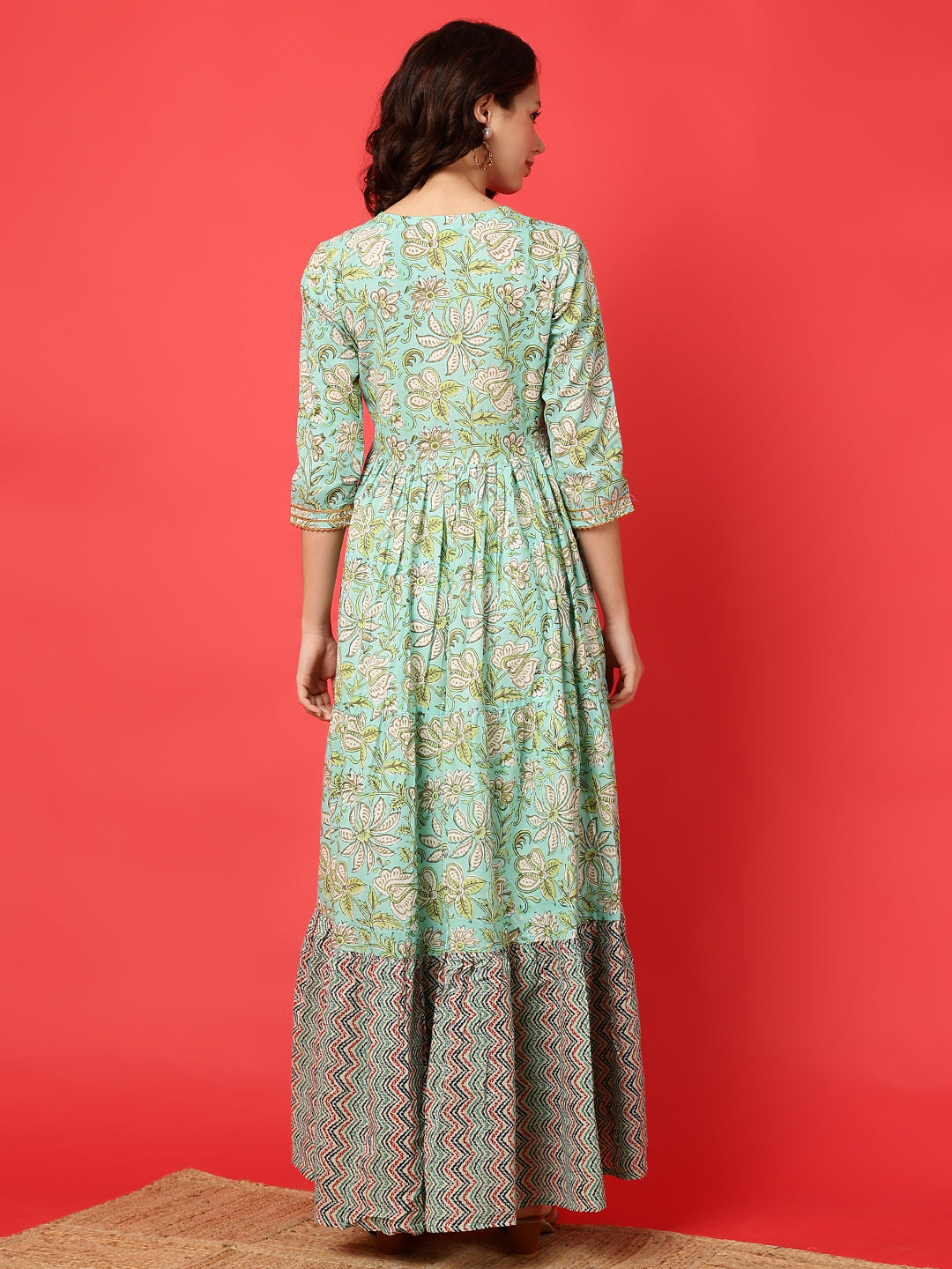 Rayon Printed Ankle Length 3/4 Sleeve V-Neck Alia Cut Tiered Kurta