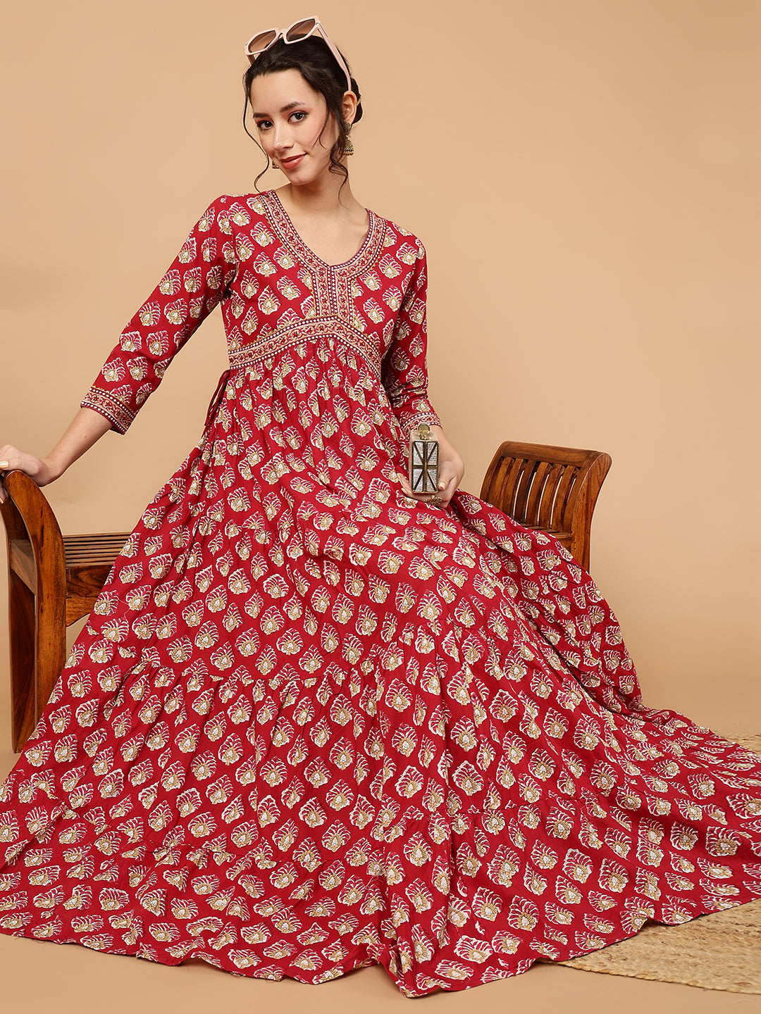 Cotton Printed Ankle Length 3/4 Sleeve V-Neck Alia Cut Tiered Kurta