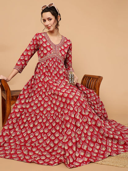 Cotton Printed Ankle Length 3/4 Sleeve V-Neck Alia Cut Tiered Kurta