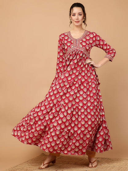 Cotton Printed Ankle Length 3/4 Sleeve V-Neck Alia Cut Tiered Kurta
