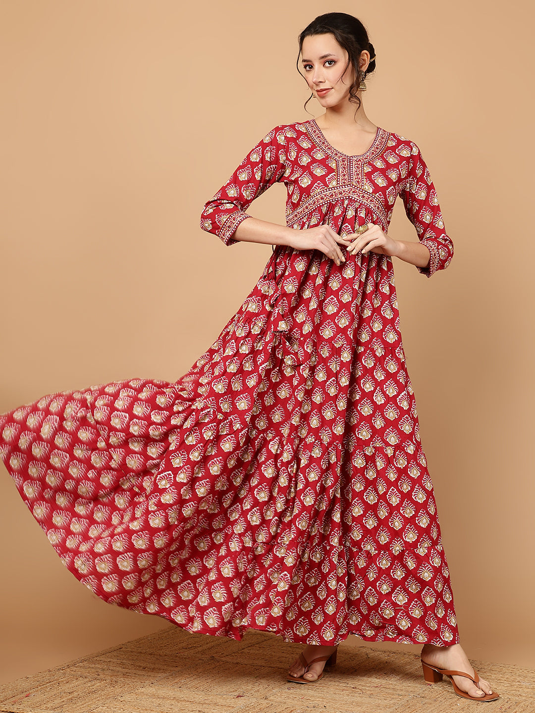 Cotton Printed Ankle Length 3/4 Sleeve V-Neck Alia Cut Tiered Kurta