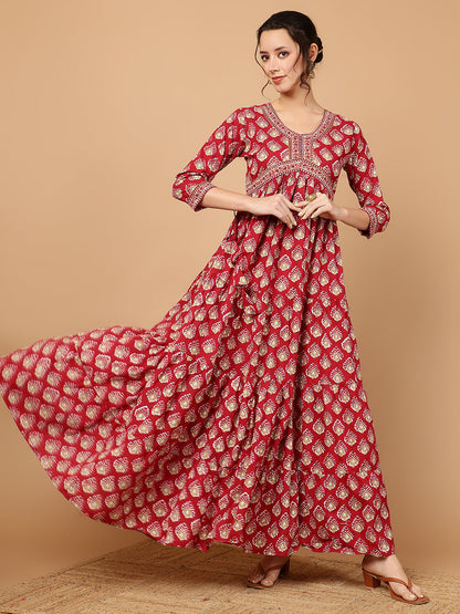 Cotton Printed Ankle Length 3/4 Sleeve V-Neck Alia Cut Tiered Kurta