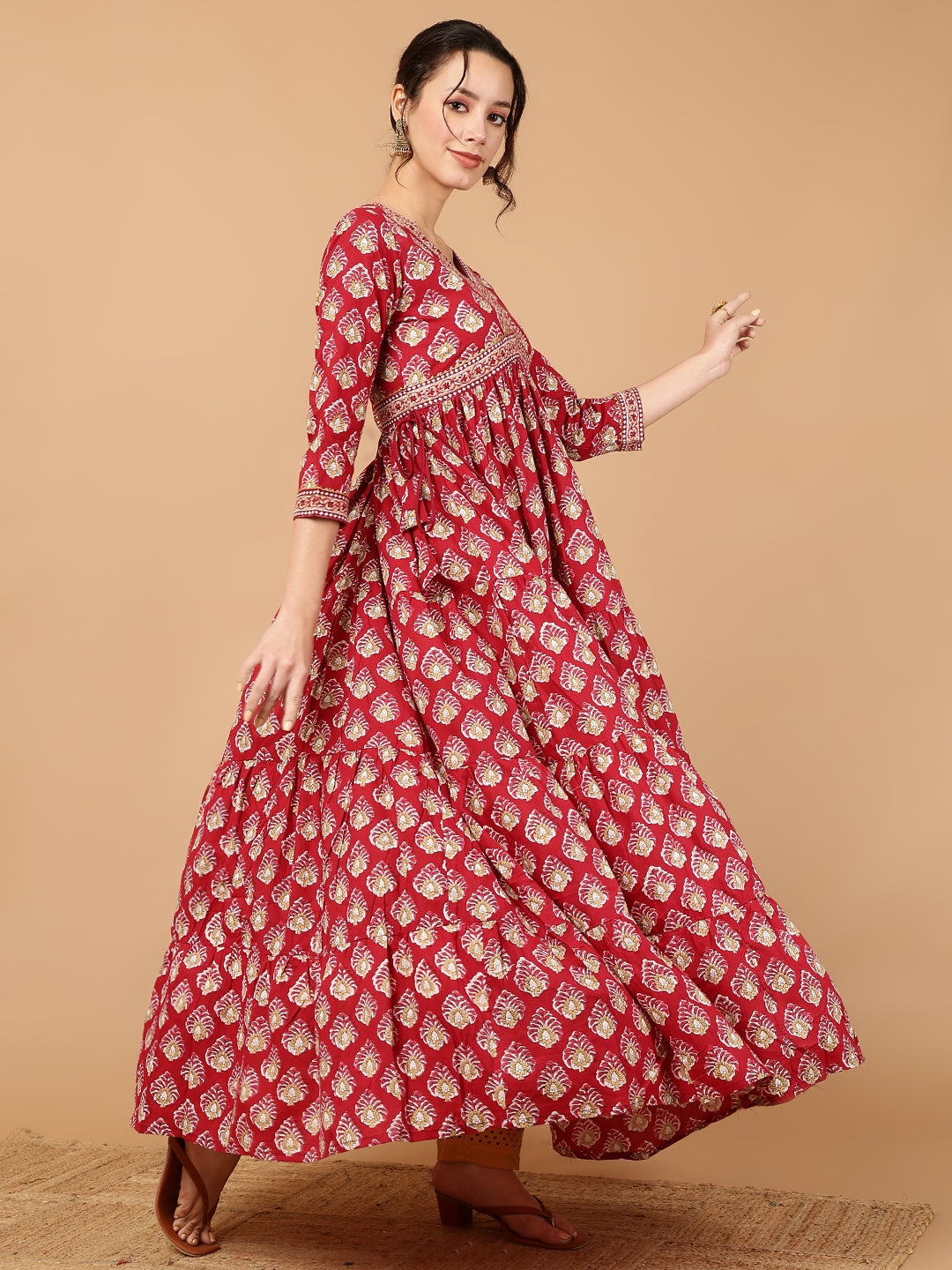 Cotton Printed Ankle Length 3/4 Sleeve V-Neck Alia Cut Tiered Kurta