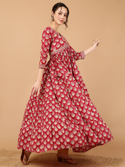 Cotton Printed Ankle Length 3/4 Sleeve V-Neck Alia Cut Tiered Kurta