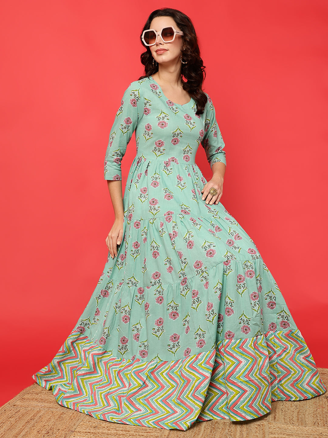 Cotton Printed Ankle Length 3/4 Sleeve Round Neck Tiered Kurta