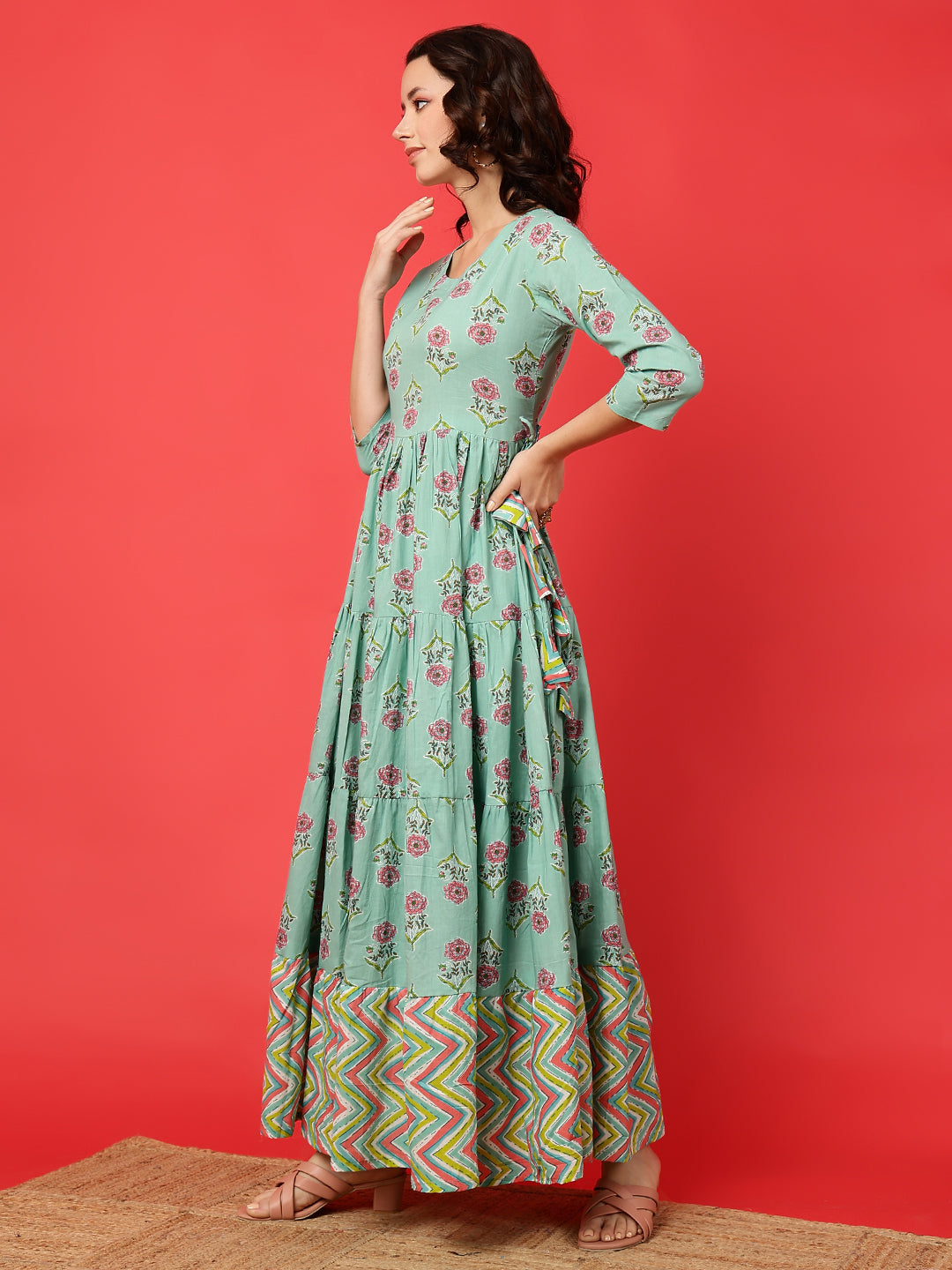 Cotton Printed Ankle Length 3/4 Sleeve Round Neck Tiered Kurta