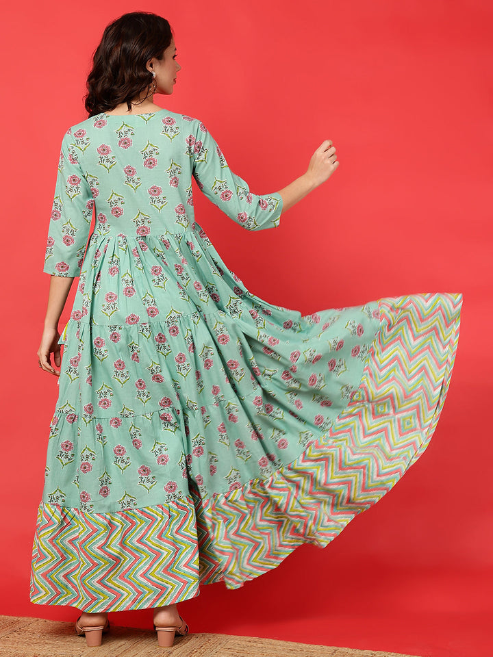 Cotton Printed Ankle Length 3/4 Sleeve Round Neck Tiered Kurta