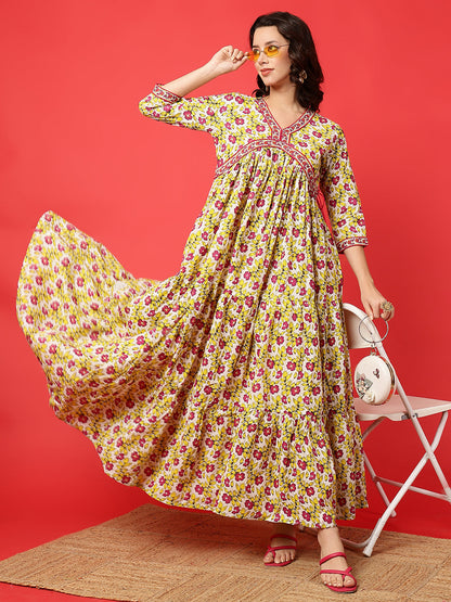 Cotton Printed Ankle Length 3/4 Sleeve V-Neck Alia Cut Tiered Kurta