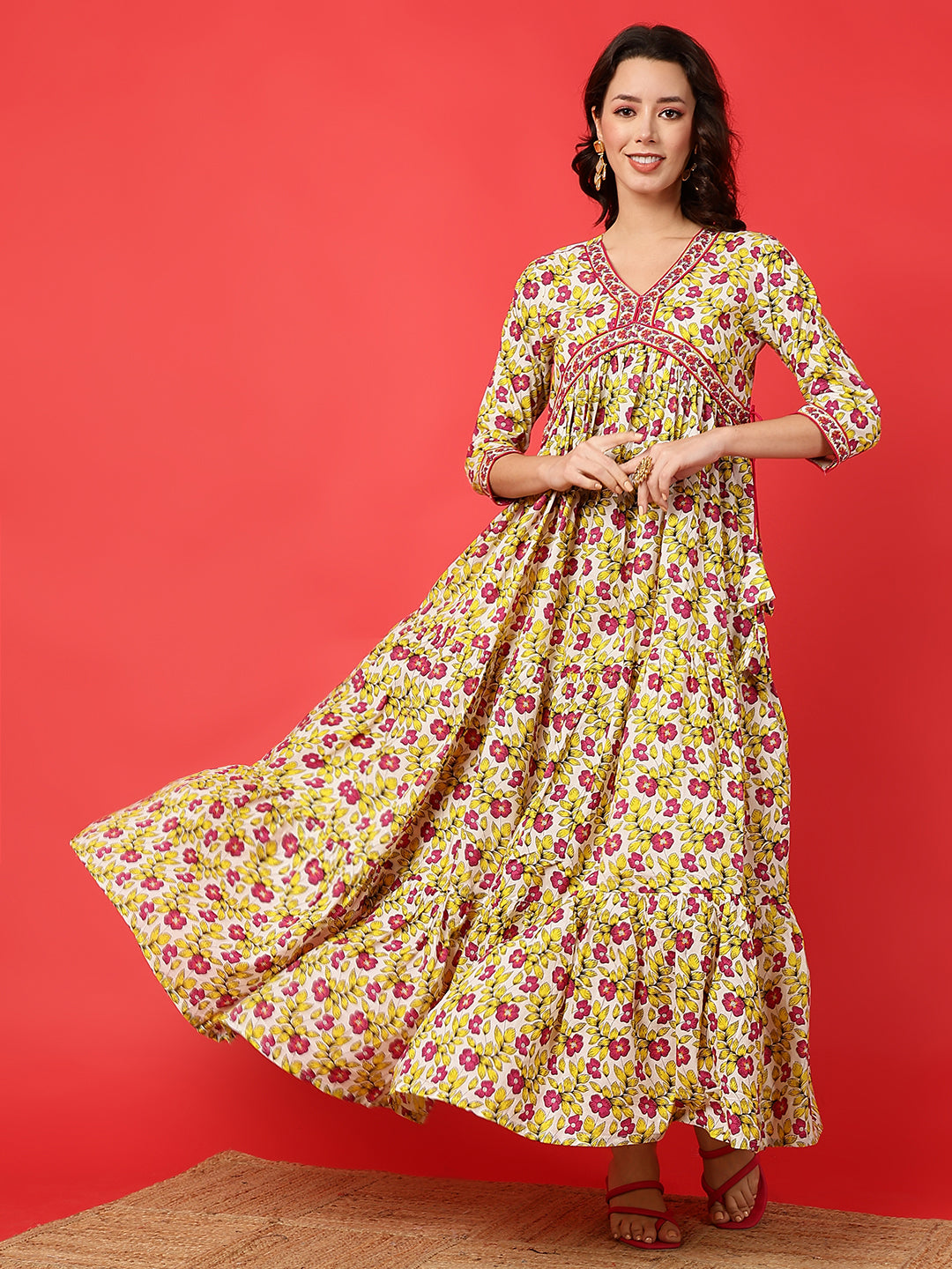 Cotton Printed Ankle Length 3/4 Sleeve V-Neck Alia Cut Tiered Kurta