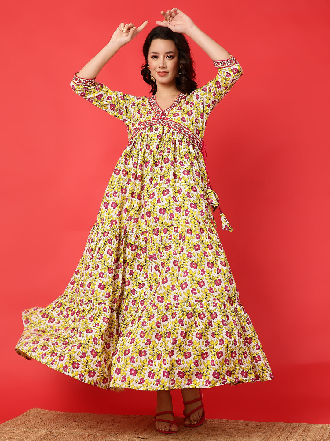 Cotton Printed Ankle Length 3/4 Sleeve V-Neck Alia Cut Tiered Kurta