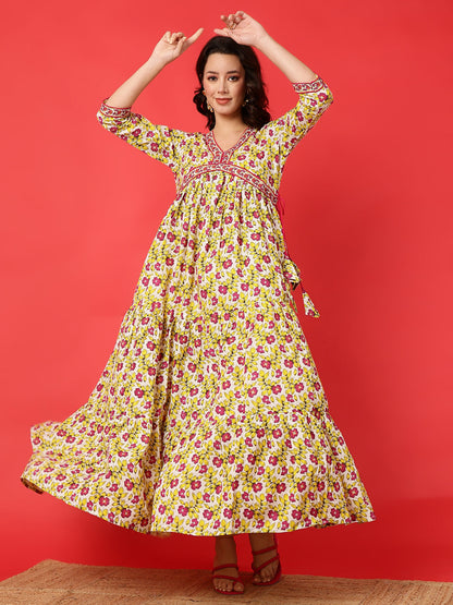 Cotton Printed Ankle Length 3/4 Sleeve V-Neck Alia Cut Tiered Kurta