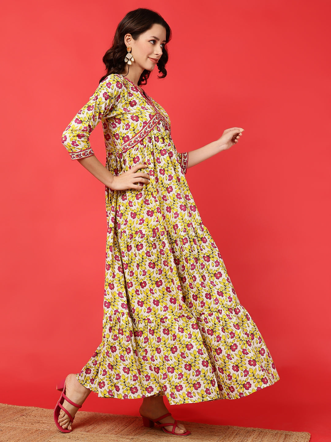 Cotton Printed Ankle Length 3/4 Sleeve V-Neck Alia Cut Tiered Kurta