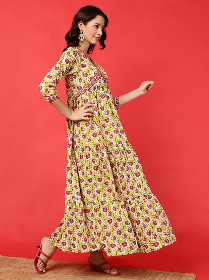 Cotton Printed Ankle Length 3/4 Sleeve V-Neck Alia Cut Tiered Kurta