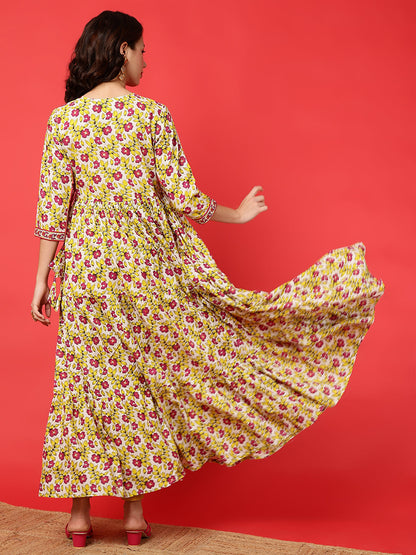 Cotton Printed Ankle Length 3/4 Sleeve V-Neck Alia Cut Tiered Kurta