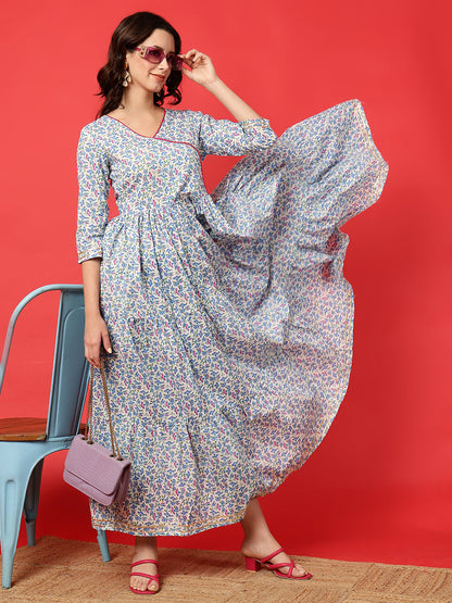 Cotton Printed Ankle Length 3/4 Sleeve V-Neck Angrakha Tiered Kurta