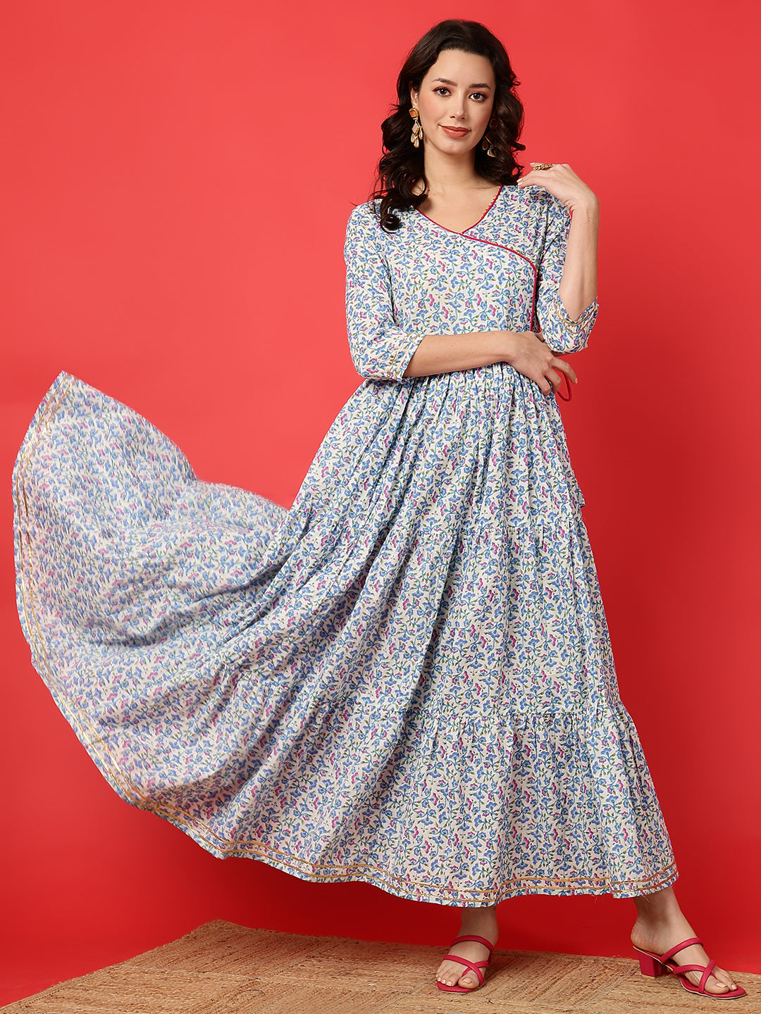 Cotton Printed Ankle Length 3/4 Sleeve V-Neck Angrakha Tiered Kurta