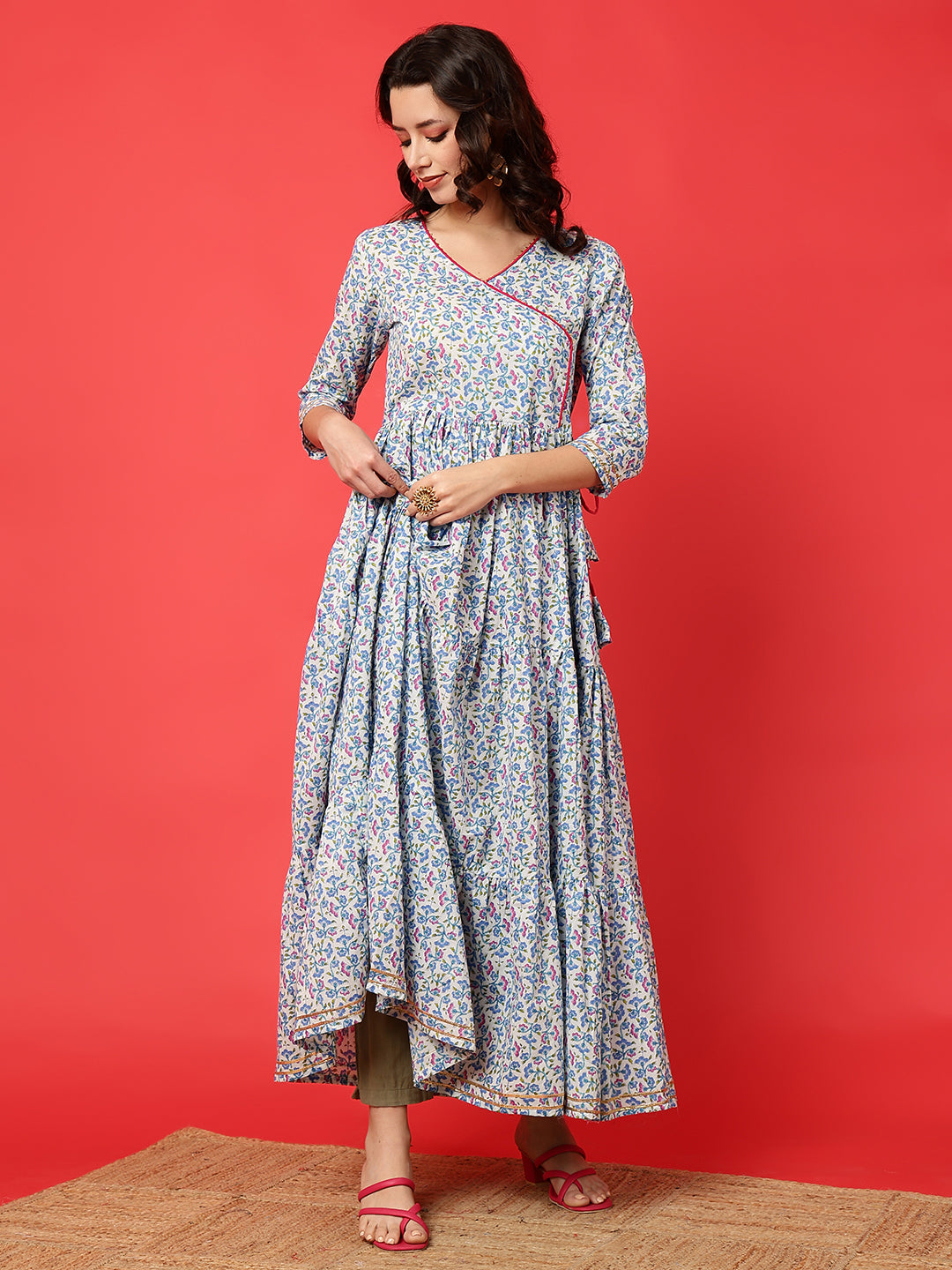 Cotton Printed Ankle Length 3/4 Sleeve V-Neck Angrakha Tiered Kurta