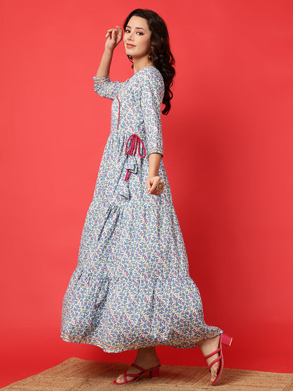 Cotton Printed Ankle Length 3/4 Sleeve V-Neck Angrakha Tiered Kurta