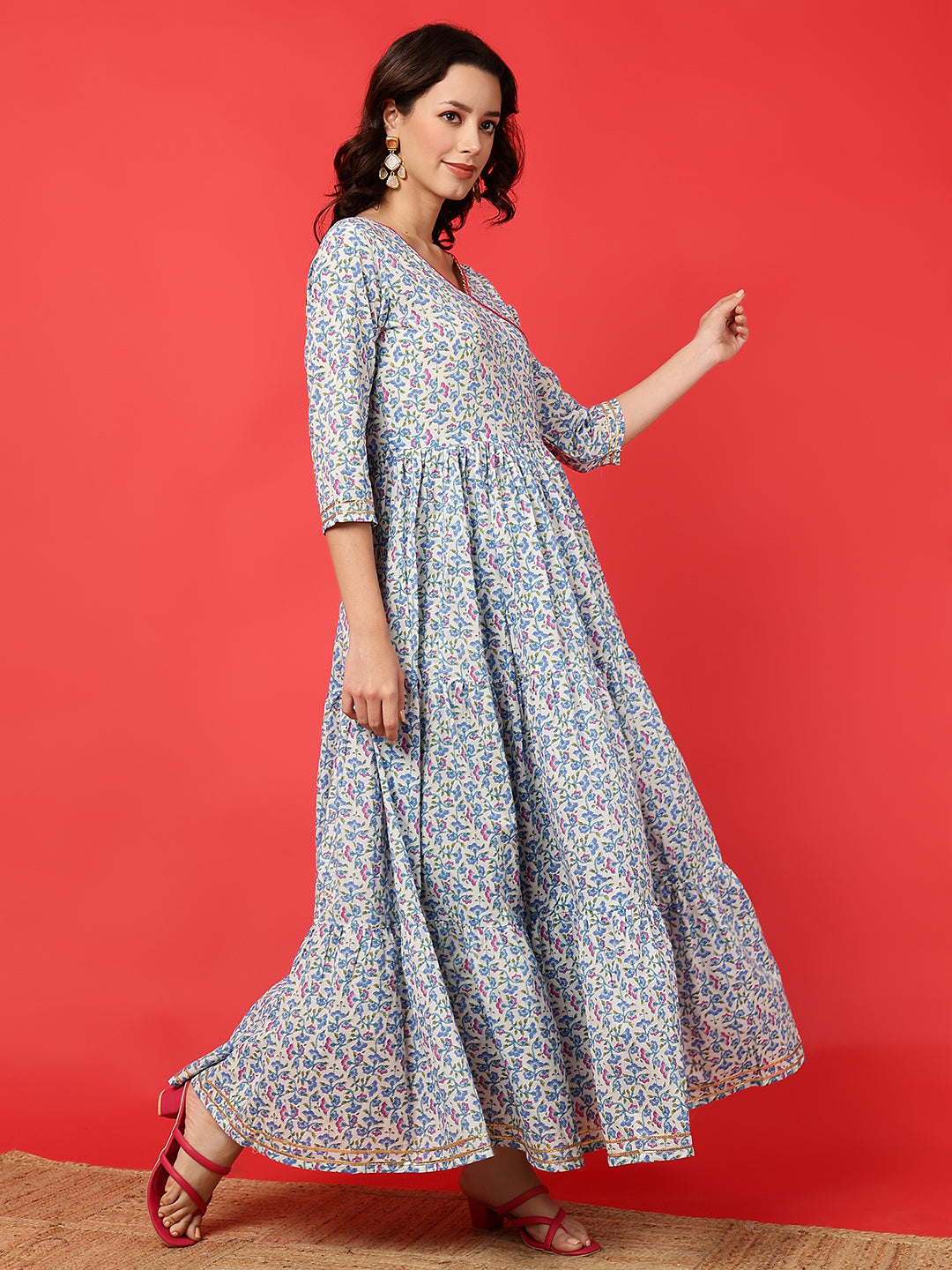 Cotton Printed Ankle Length 3/4 Sleeve V-Neck Angrakha Tiered Kurta