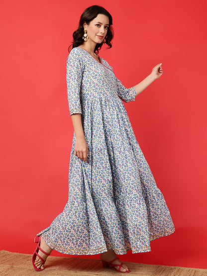 Cotton Printed Ankle Length 3/4 Sleeve V-Neck Angrakha Tiered Kurta