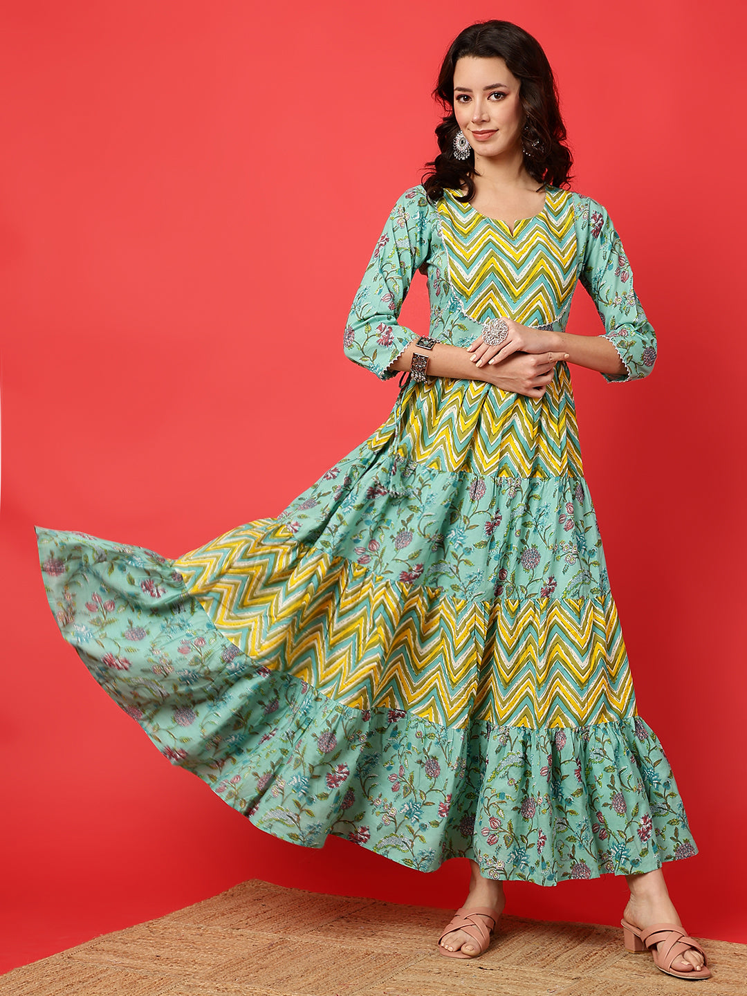 Cotton Printed Ankle Length 3/4 Sleeve Round Neck Tiered Kurta