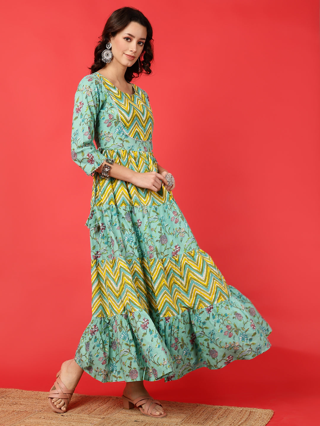 Cotton Printed Ankle Length 3/4 Sleeve Round Neck Tiered Kurta