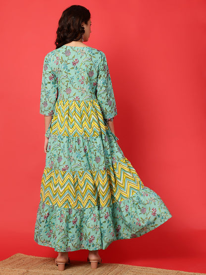 Cotton Printed Ankle Length 3/4 Sleeve Round Neck Tiered Kurta