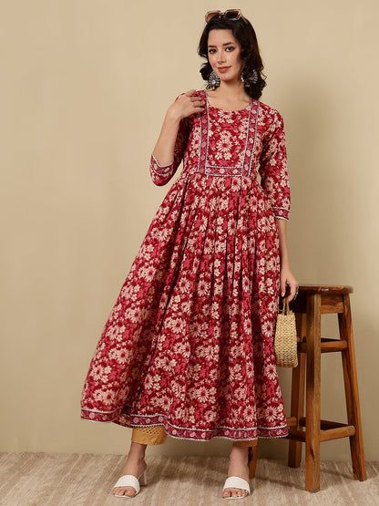 Rayon Printed Ankle Length 3/4 Sleeve Round Neck Flared Kurta