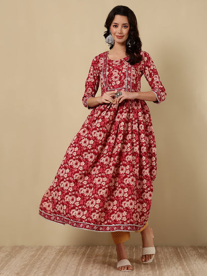 Rayon Printed Ankle Length 3/4 Sleeve Round Neck Flared Kurta